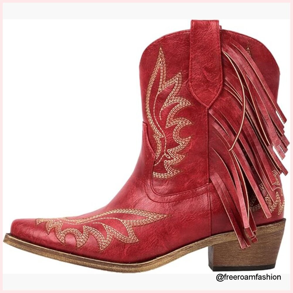 Tassel Embroidered Western Ankle Boots Pull On Block Heel Cowgirl Booties
